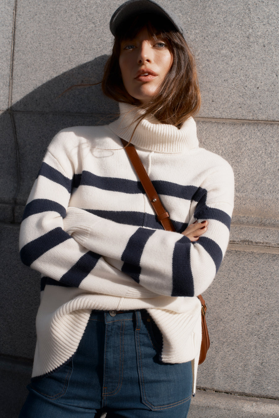 Mae Roll Neck Jumper - Ivory/Midnight Stripe