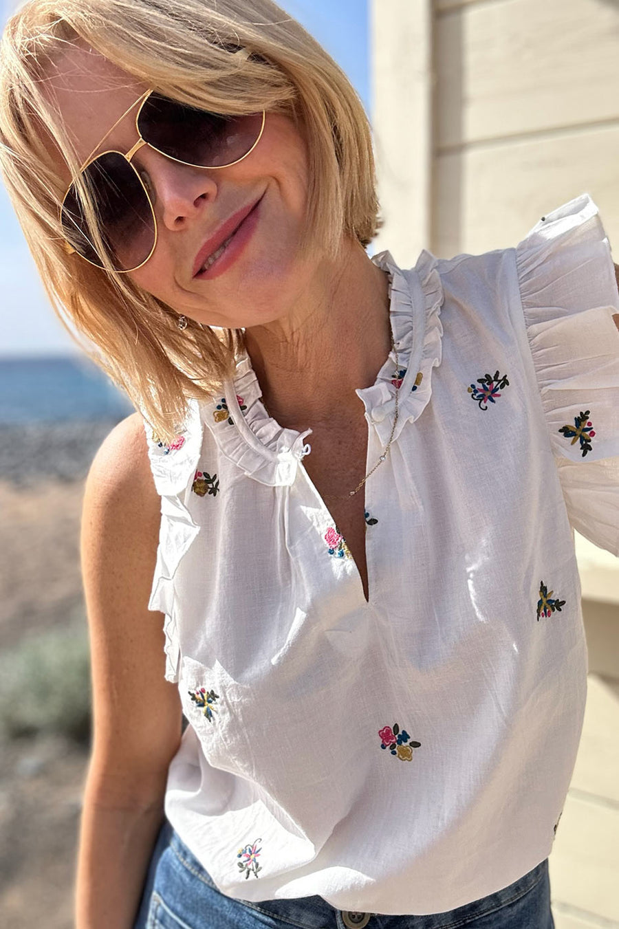 Felicity Top - White Embroidered