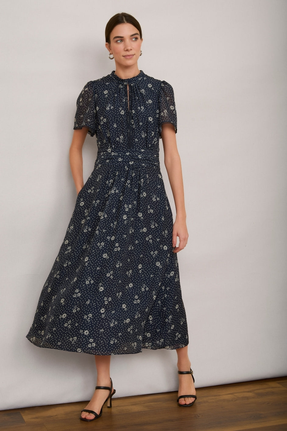 Arabella Silk Dress - Navy Ditsy Floral