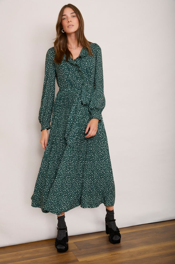 Ariana Plisse Dress - Forest Green Spot