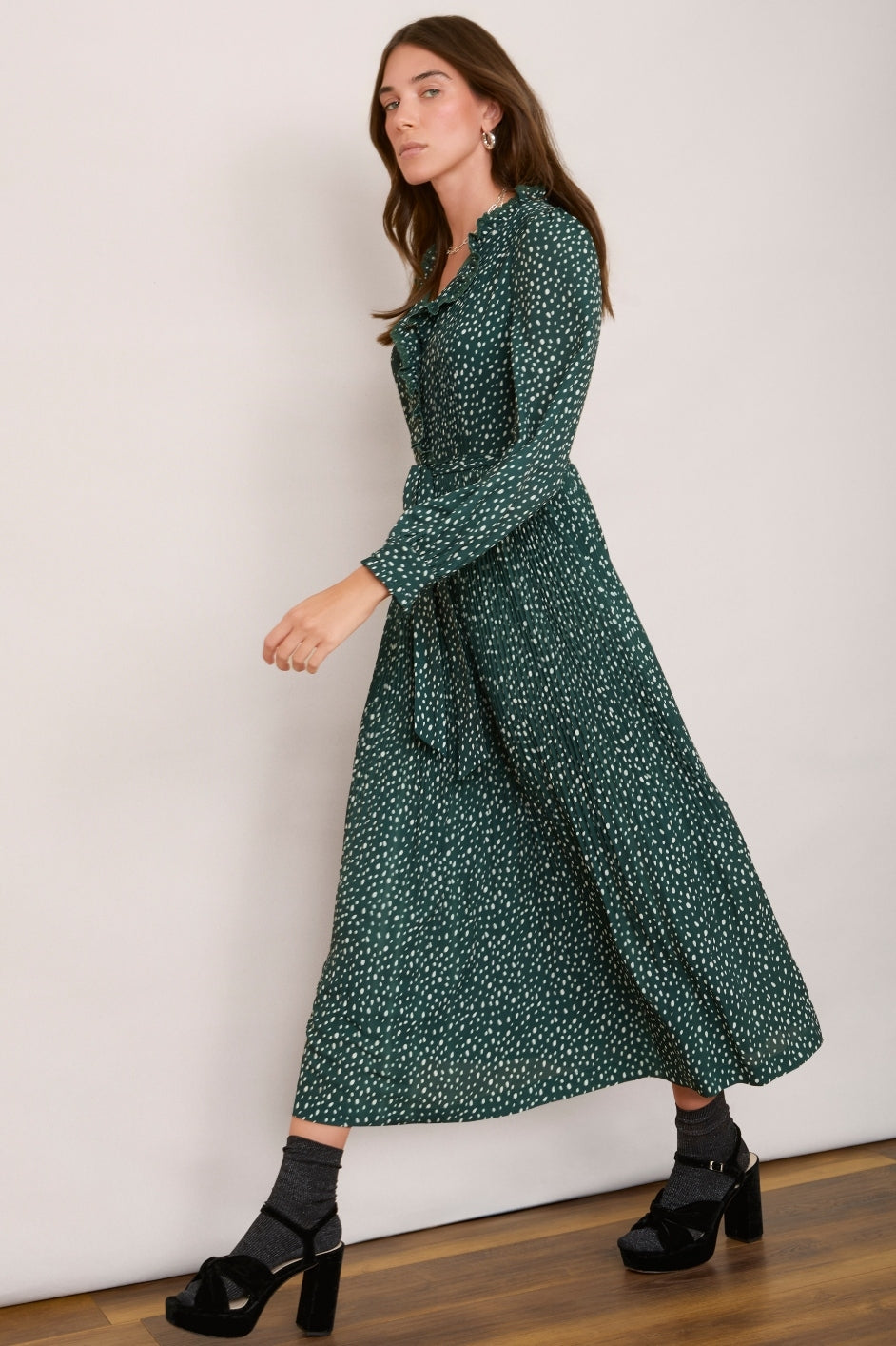 Ariana Plisse Dress - Forest Green Spot