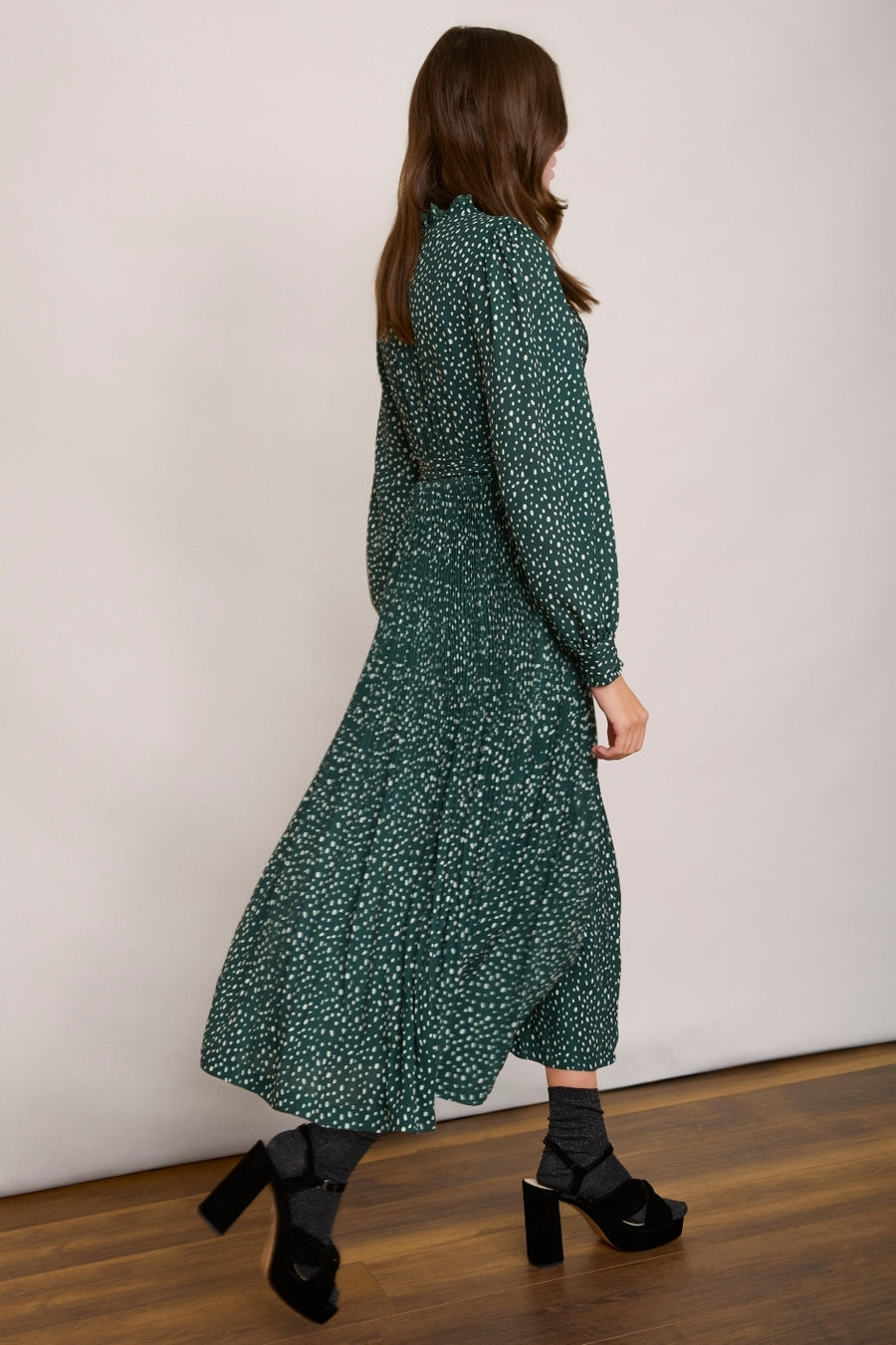 Ariana Plisse Dress - Forest Green Spot