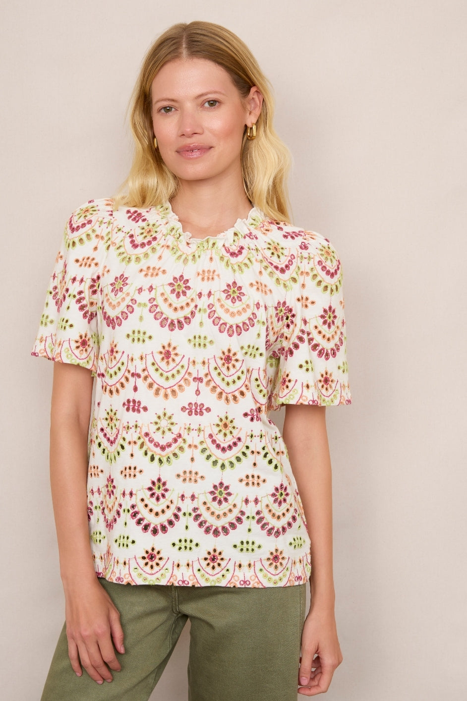 Aucelon Broderie Tee - Ivory/Green