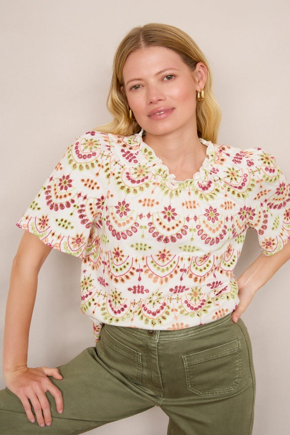 Aucelon Broderie Tee - Ivory/Green