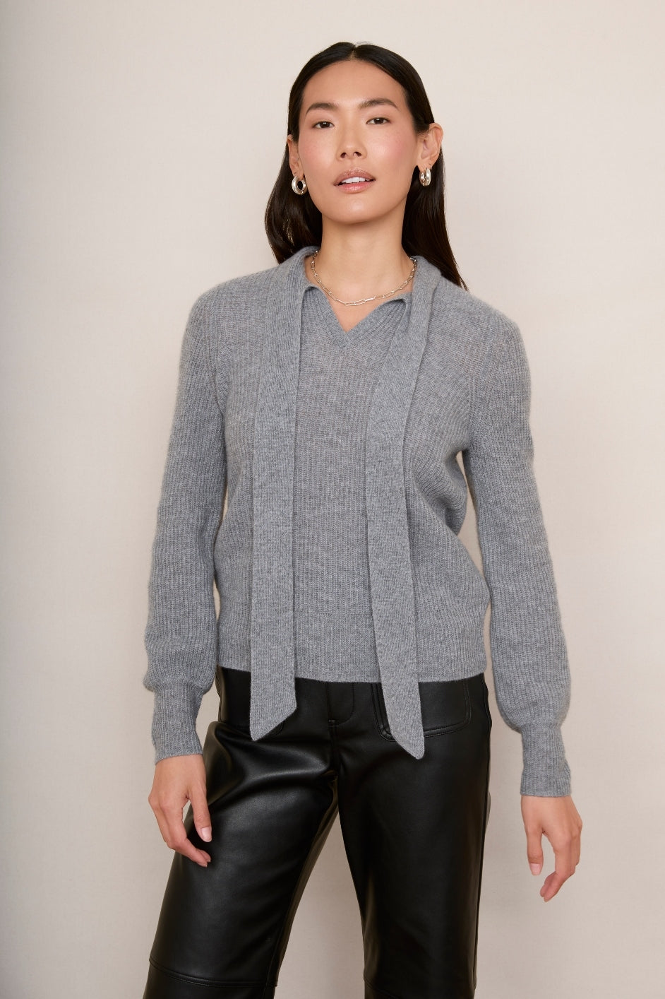 Bailey Cashmere Tie Neck Jumper - Grey Marl