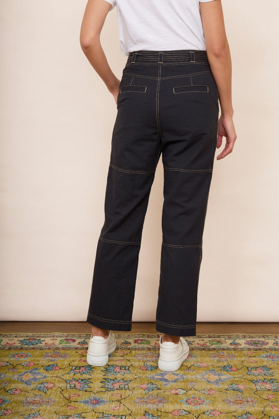 Cara Cotton Top Stitch Trouser - Washed Black