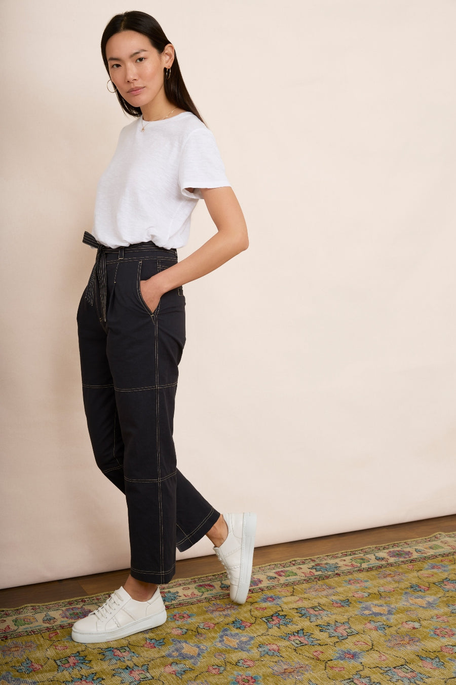 Cara Cotton Top Stitch Trouser - Washed Black