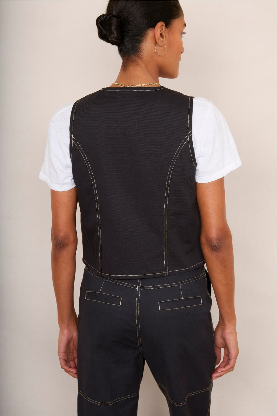 Cara Cotton Top Stitch Waistcoat - Washed Black