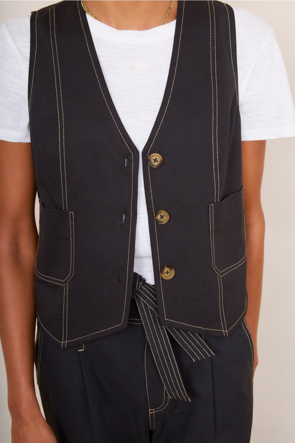 Cara Cotton Top Stitch Waistcoat - Washed Black