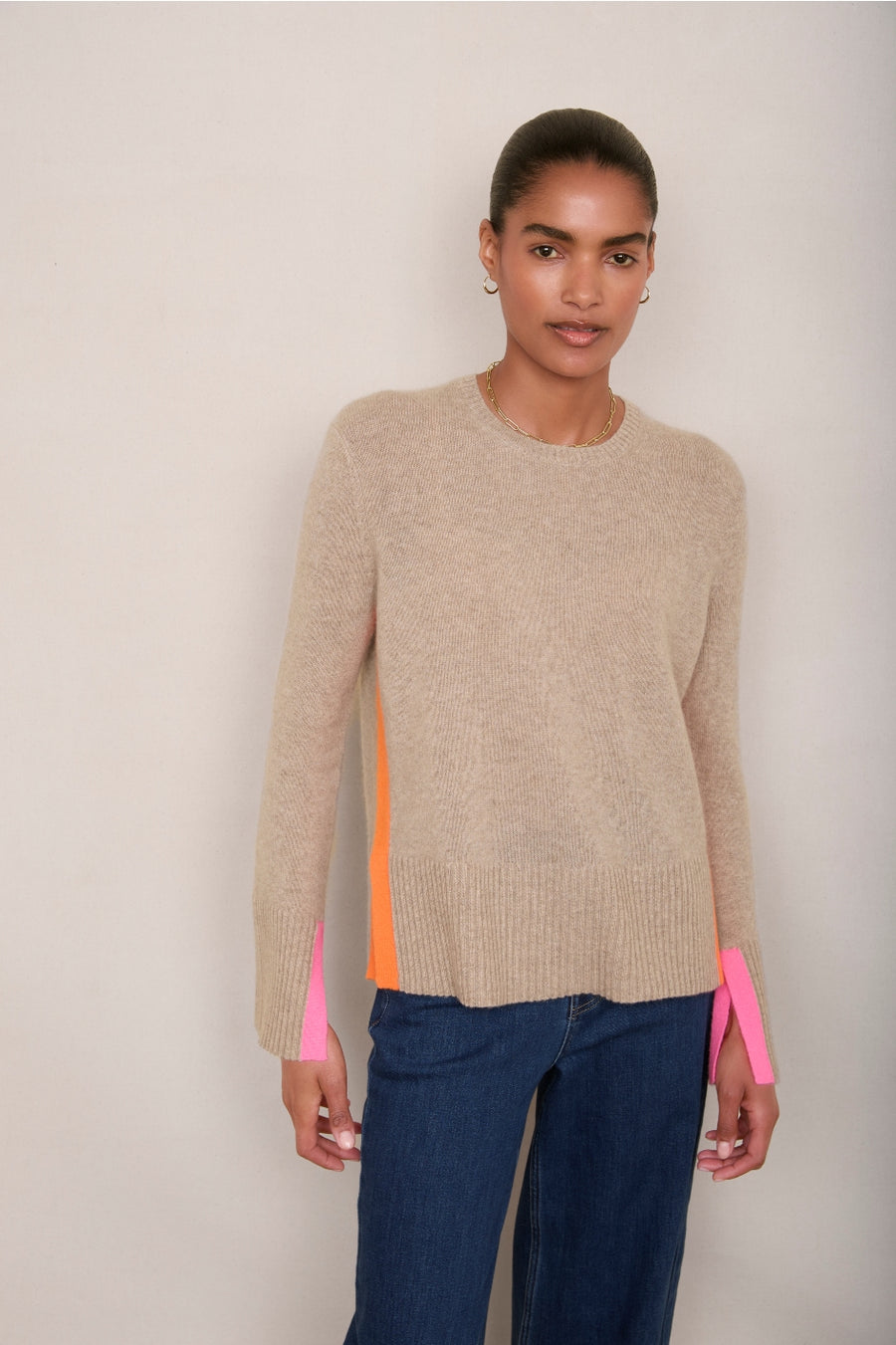 Cassie Cashmere Jumper - Oat/Neon Pink/Neon Orange