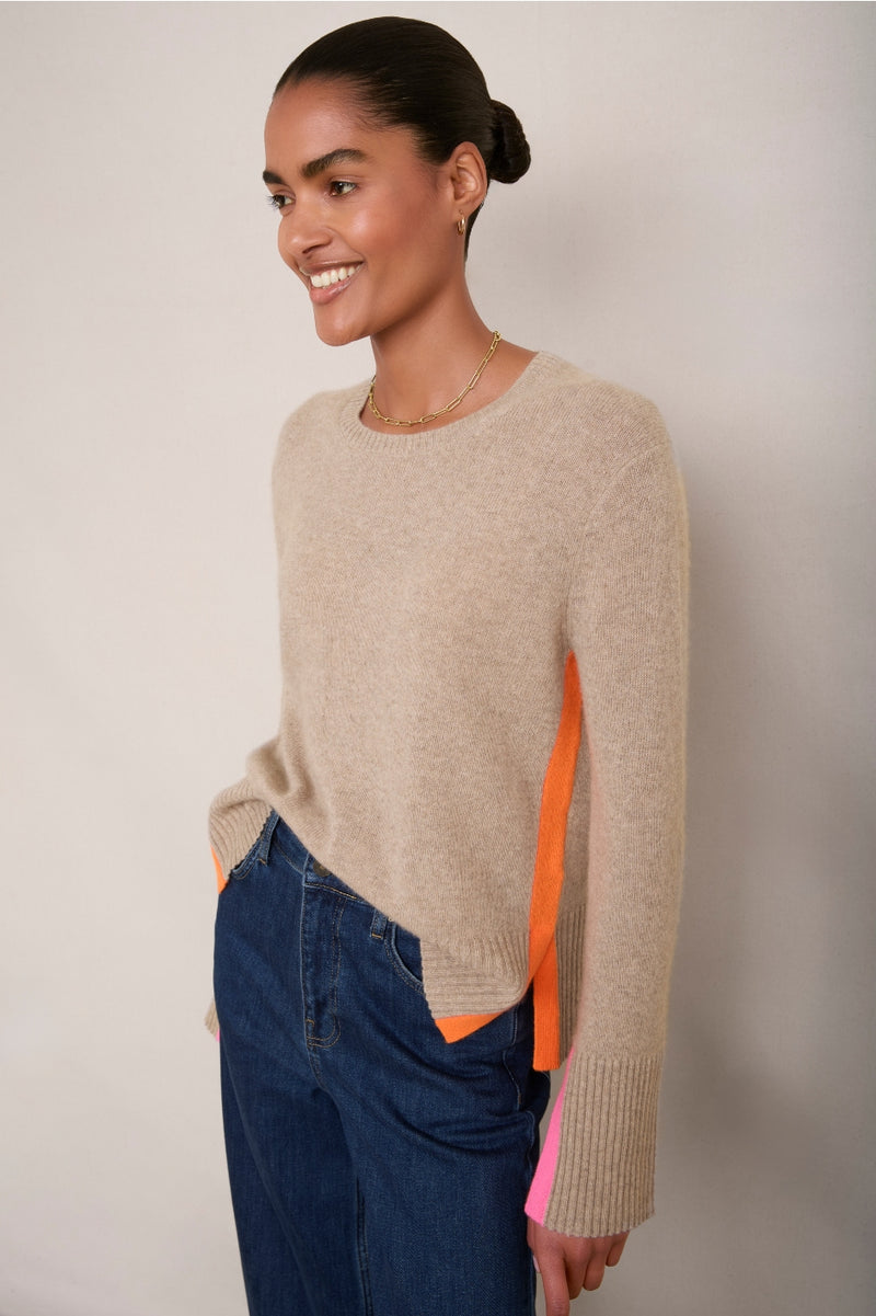 Cassie Cashmere Jumper - Oat/Neon Pink/Neon Orange