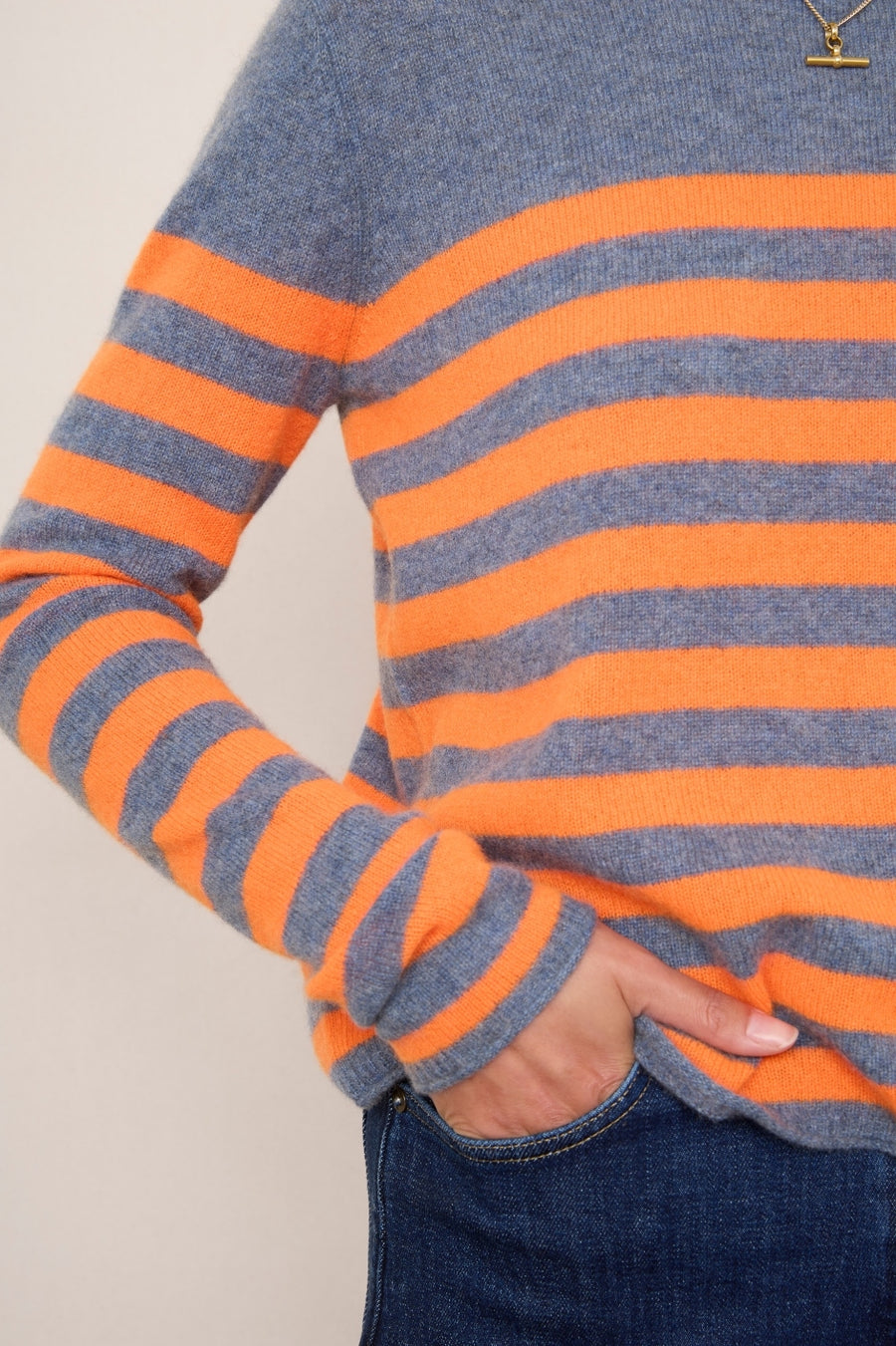 Chrissie Cashmere Jumper - Denim Blue/Neon Orange