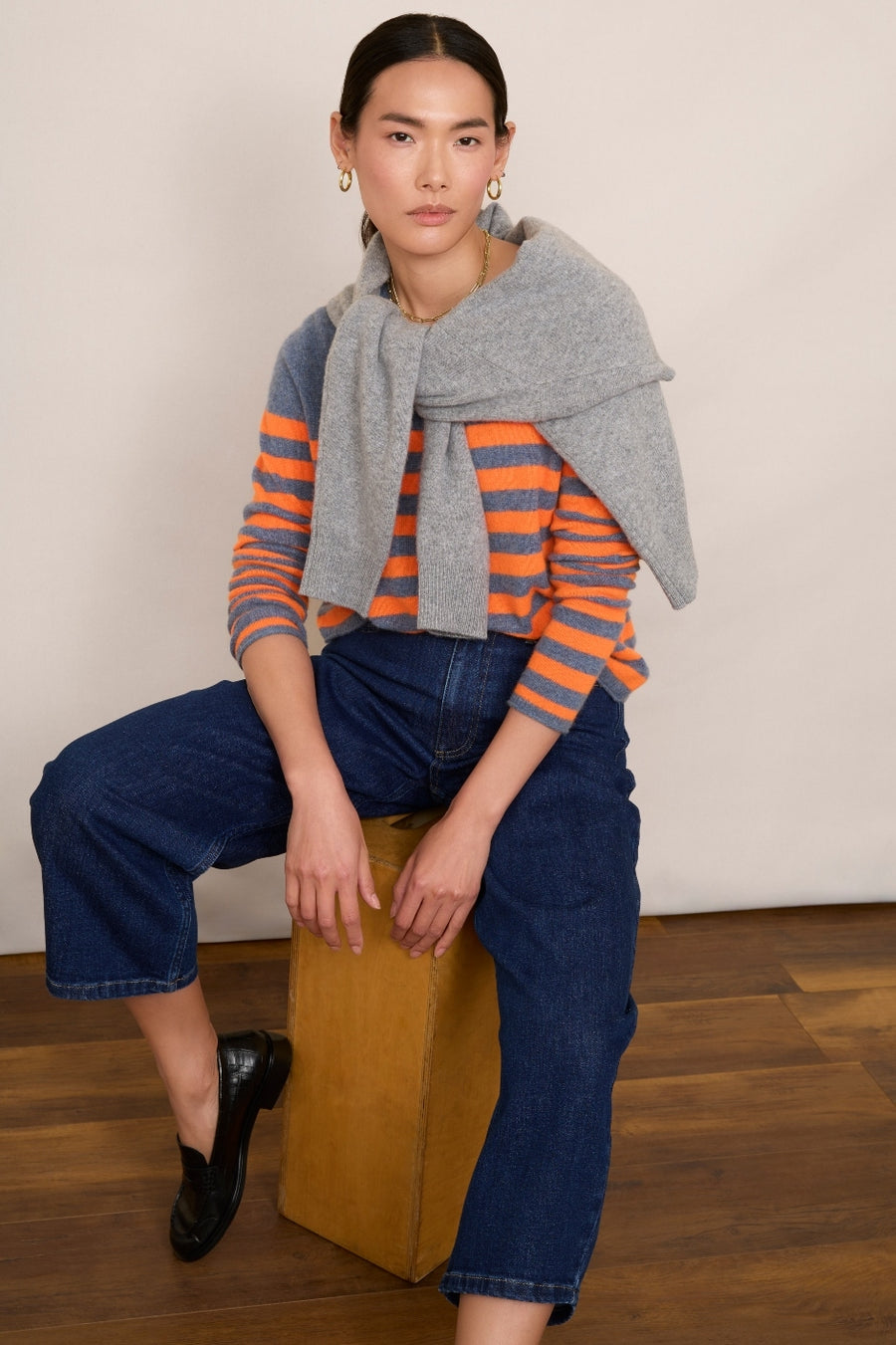 Chrissie Cashmere Jumper - Denim Blue/Neon Orange