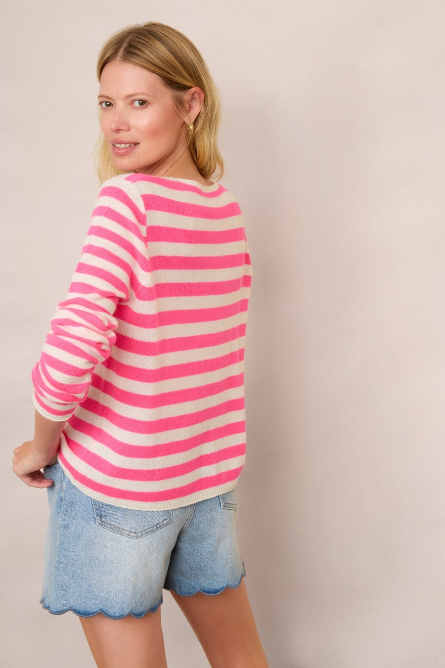 Chrissie Cashmere Jumper - Neon Pink/Ecru Stripe