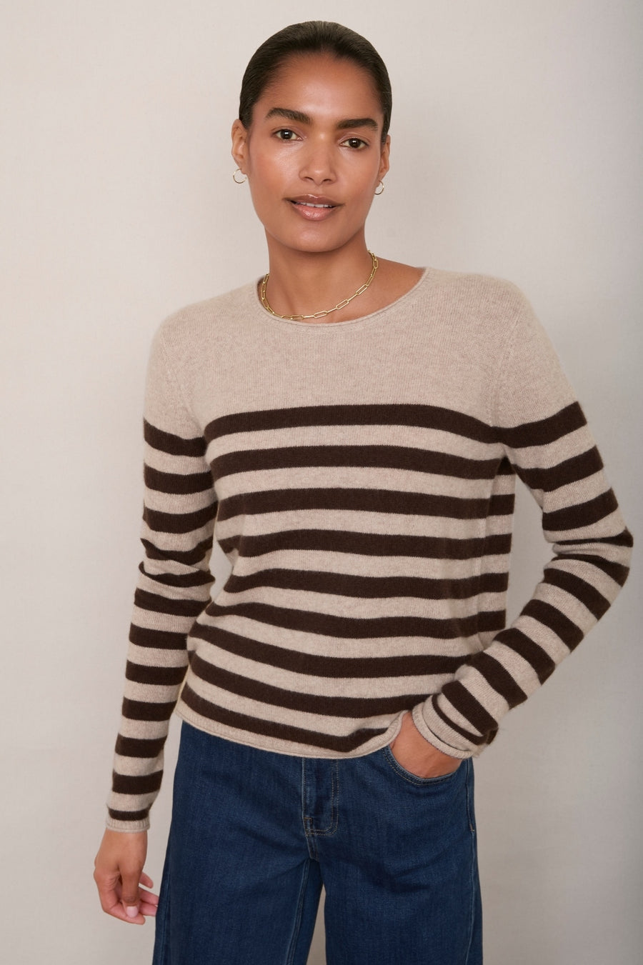 Chrissie Cashmere Jumper - Oat/Chocolate Stripe