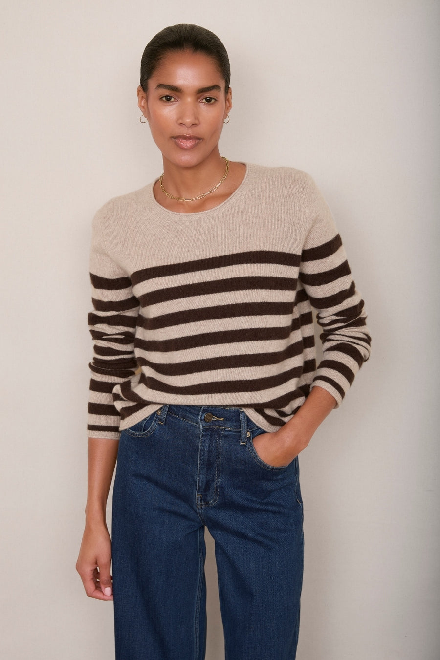 Chrissie Cashmere Jumper - Oat/Chocolate Stripe