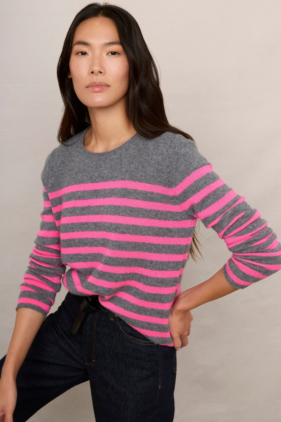 Chrissie Cashmere Jumper - Grey/Neon Pink