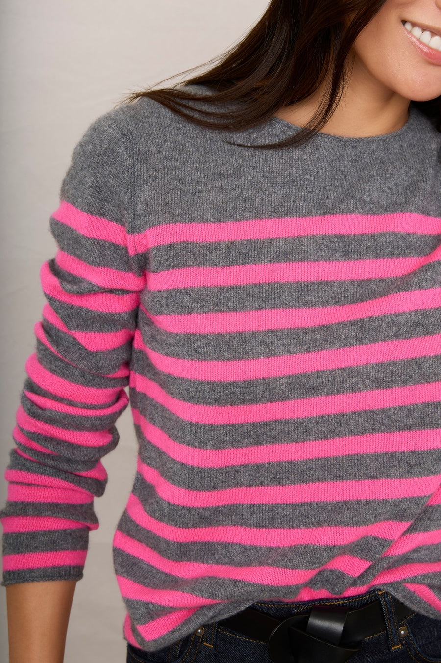 Chrissie Cashmere Jumper - Grey/Neon Pink