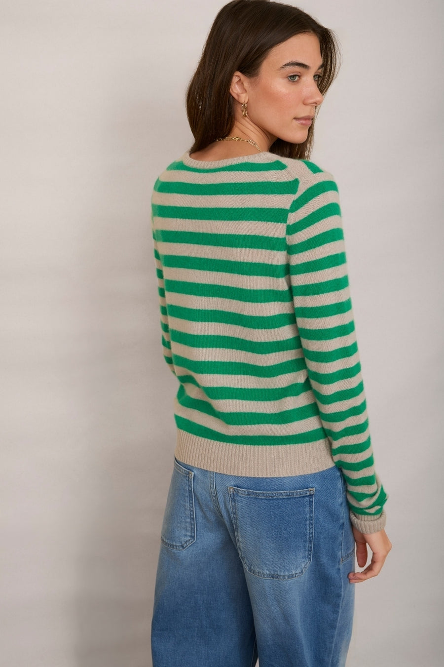 Cleo Cashmere Jumper - Parchment/Jade Green Stripe