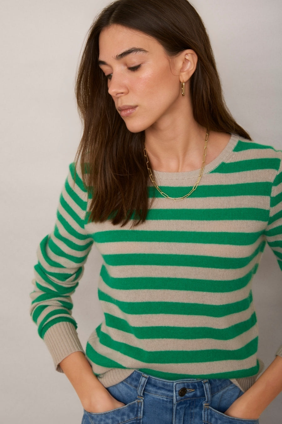 Cleo Cashmere Jumper - Parchment/Jade Green Stripe