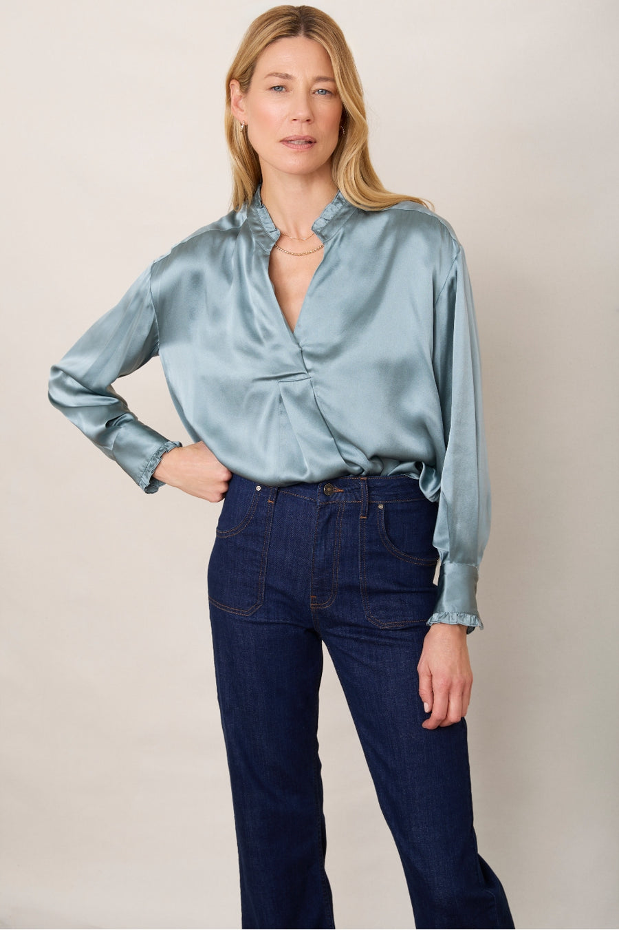 DB X Wyse Silk Satin Marcel Blouse - Pigeon