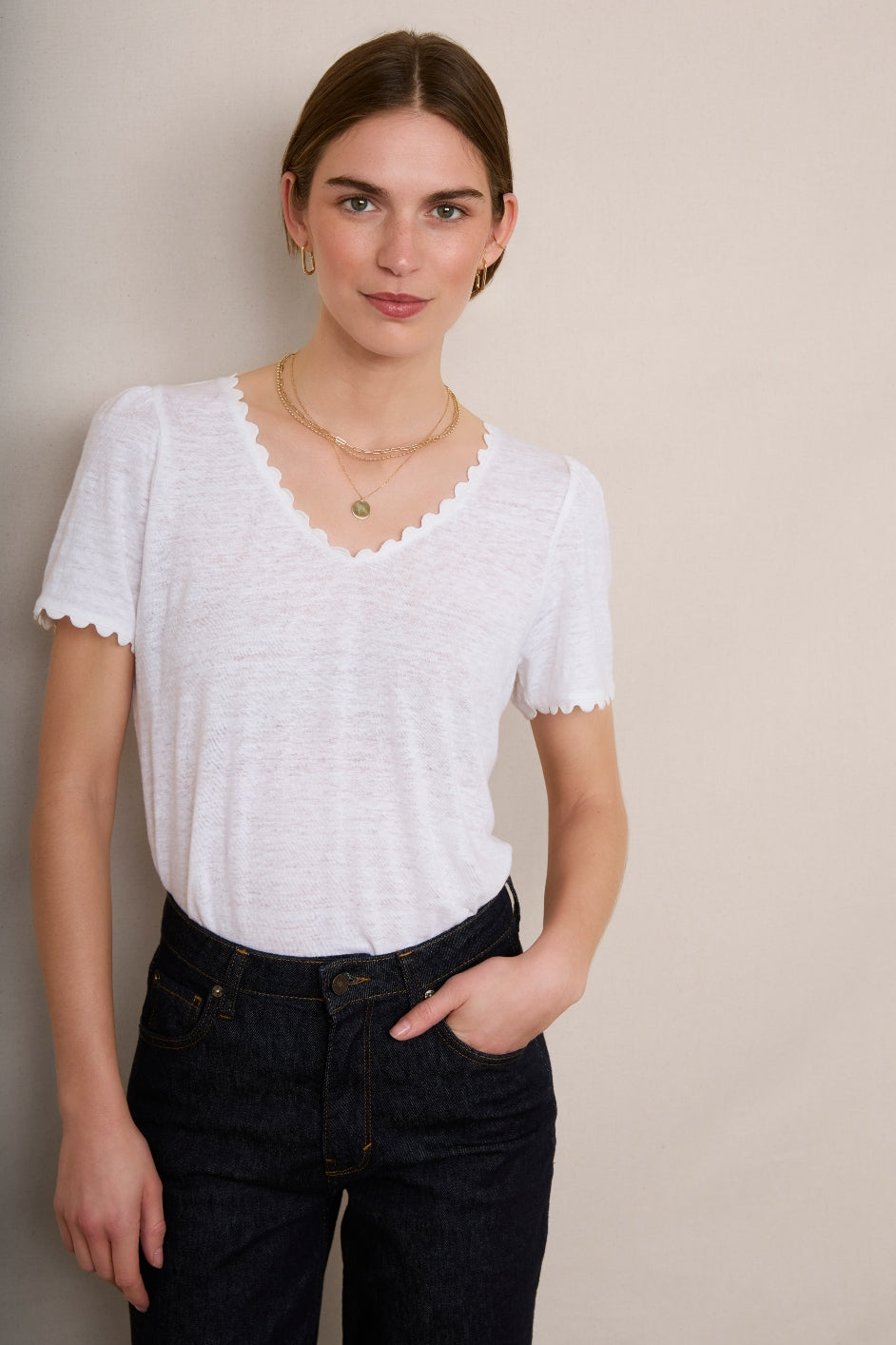 Elyna Ric Rac Linen Tee - White