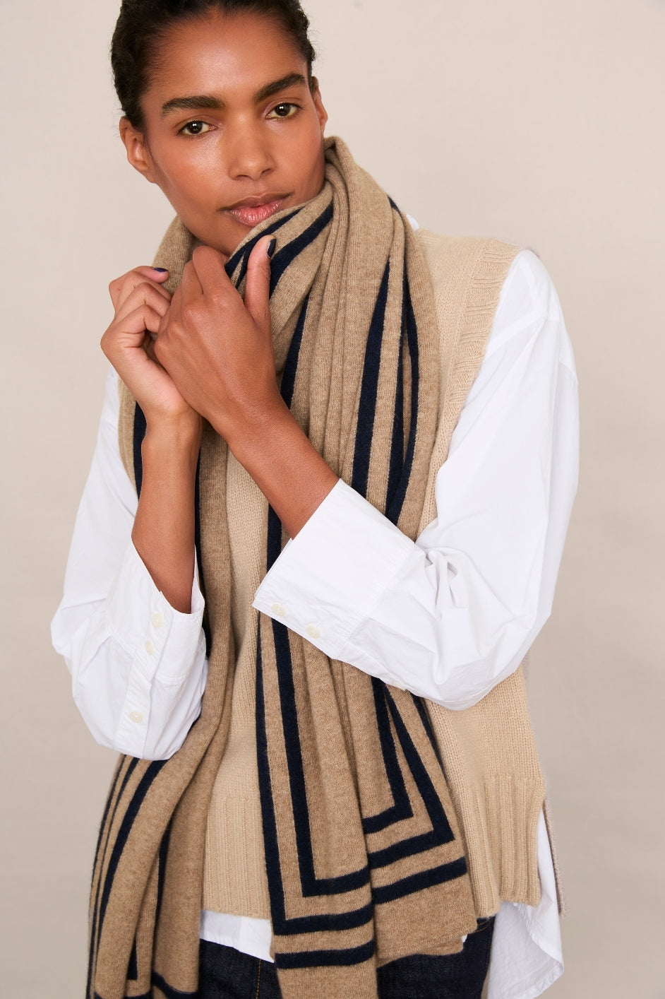 Dianthe Stripe Edge Scarf - Taupe/Midnight