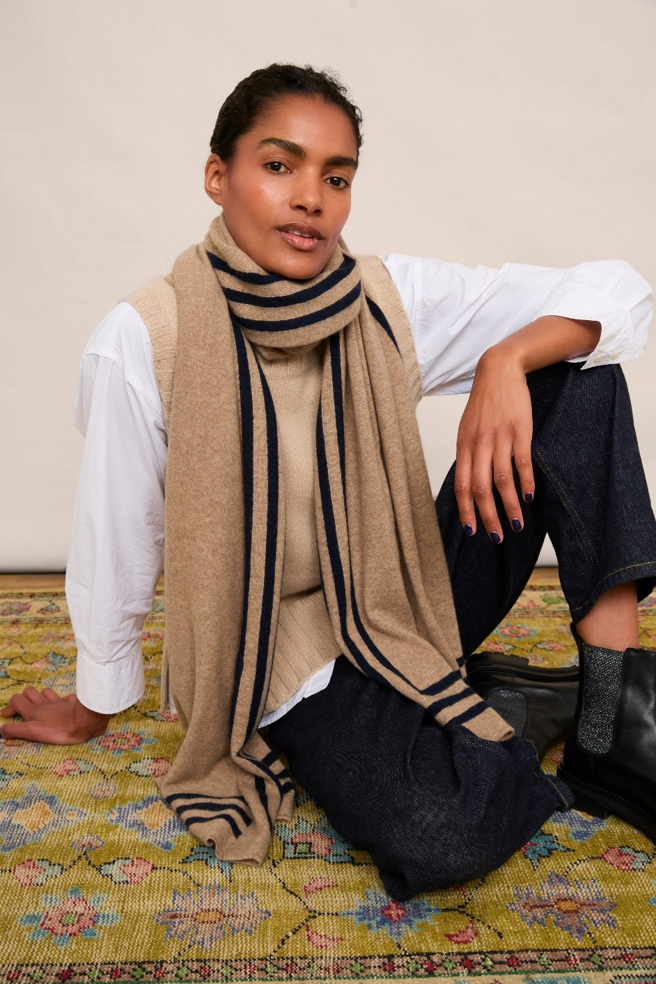 Dianthe Stripe Edge Scarf - Taupe/Midnight