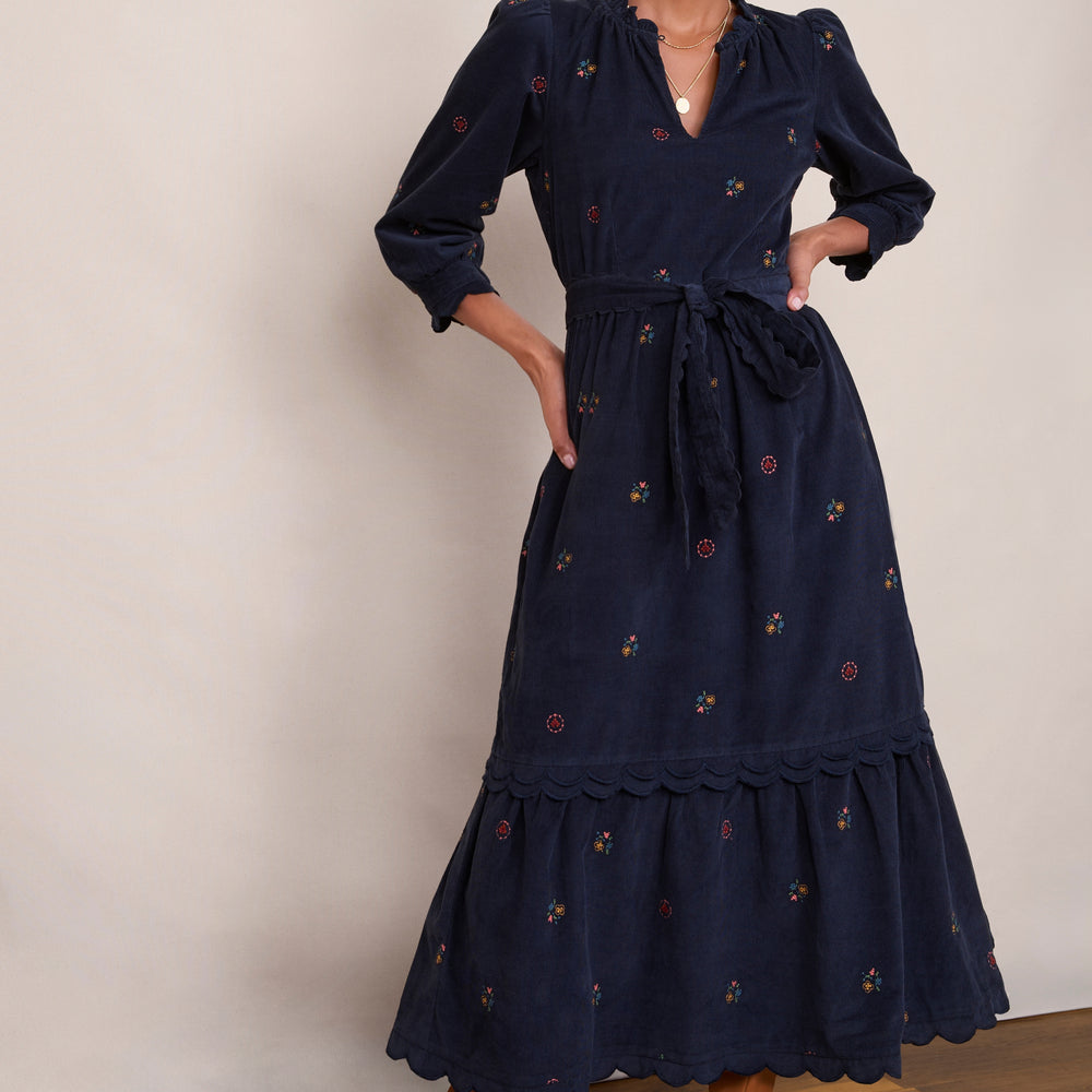 Emily Corduroy Dress - Midnight Embroidered