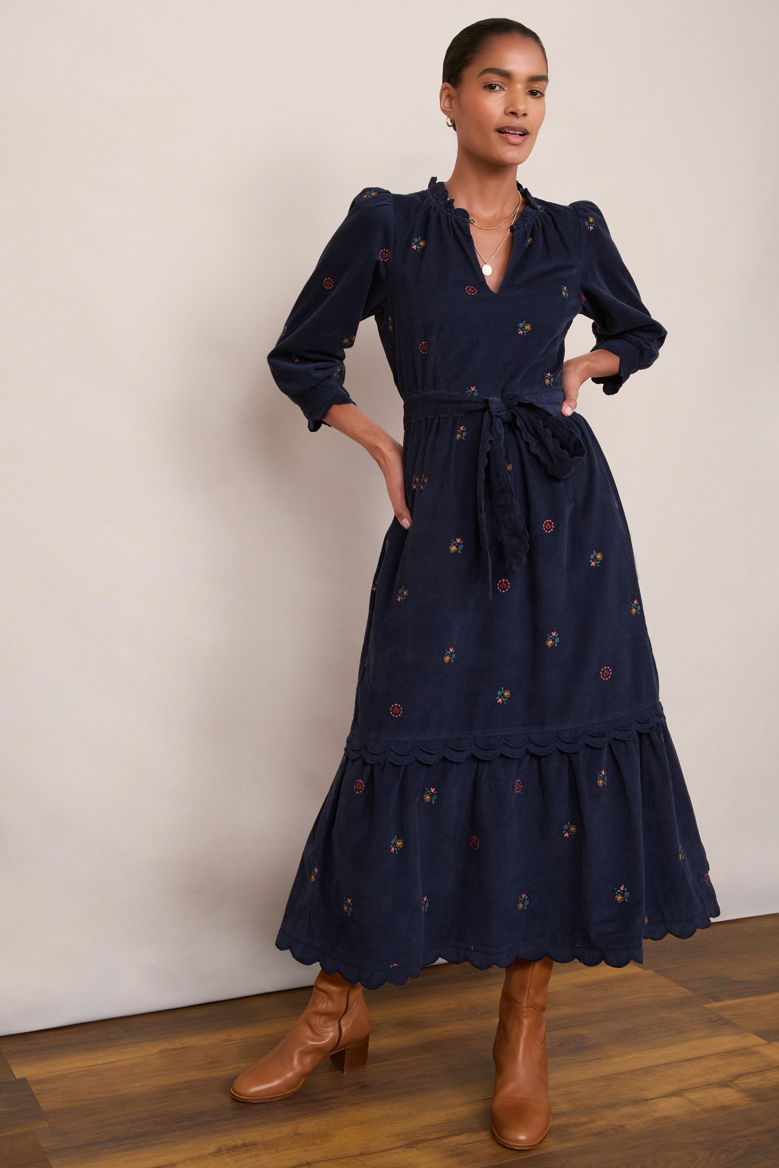 Emily Corduroy Dress - Midnight Embroidered