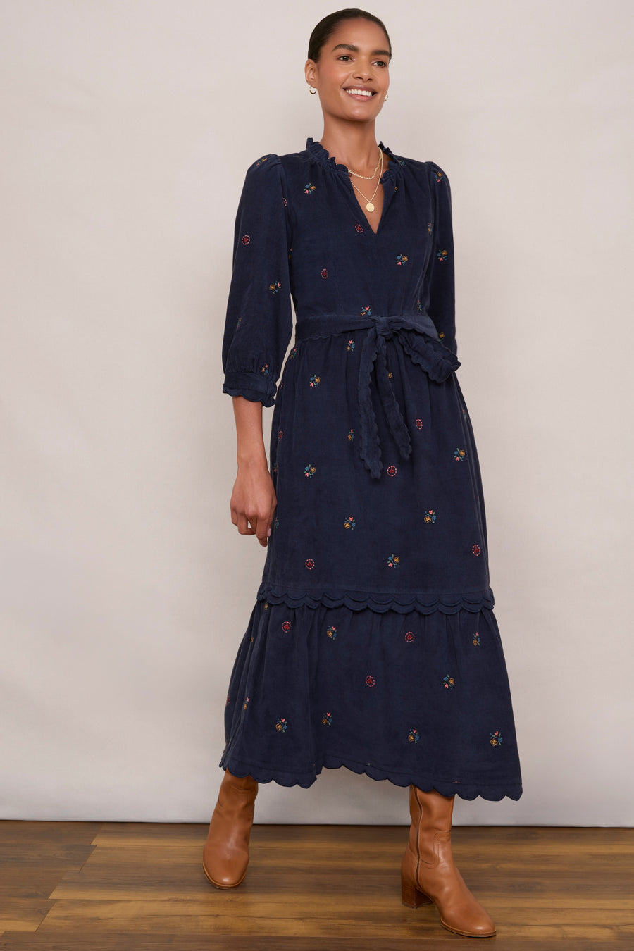 Emily Corduroy Dress - Midnight Embroidered