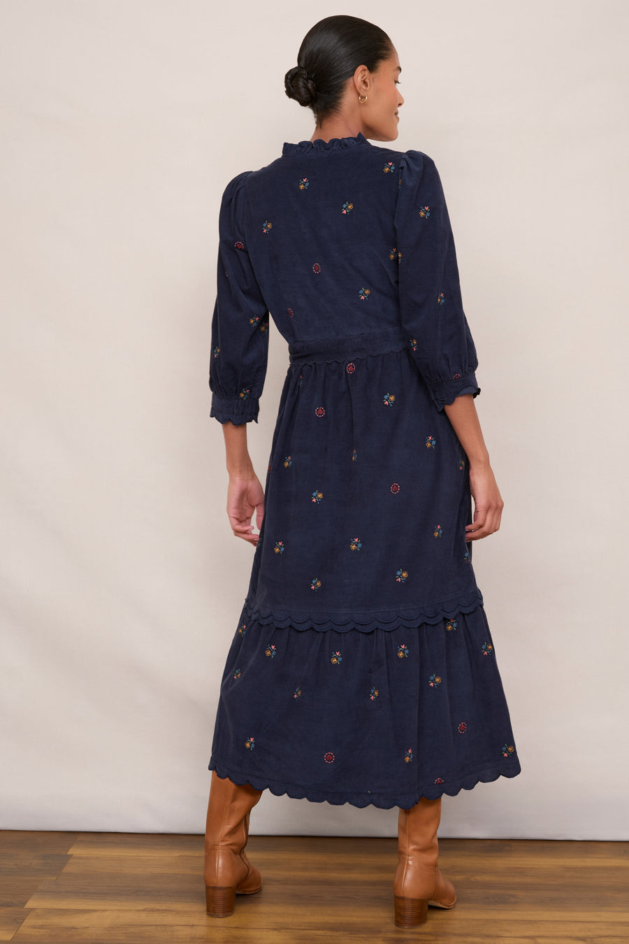 Emily Corduroy Dress - Midnight Embroidered