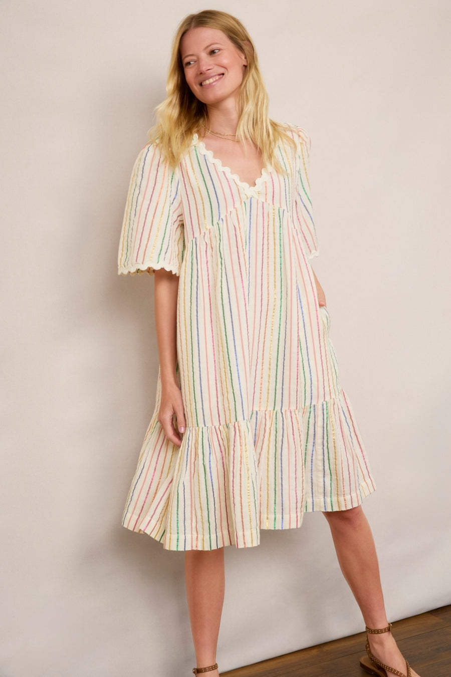 Elise Stripe Shimmer Dress - Ecru/Multi