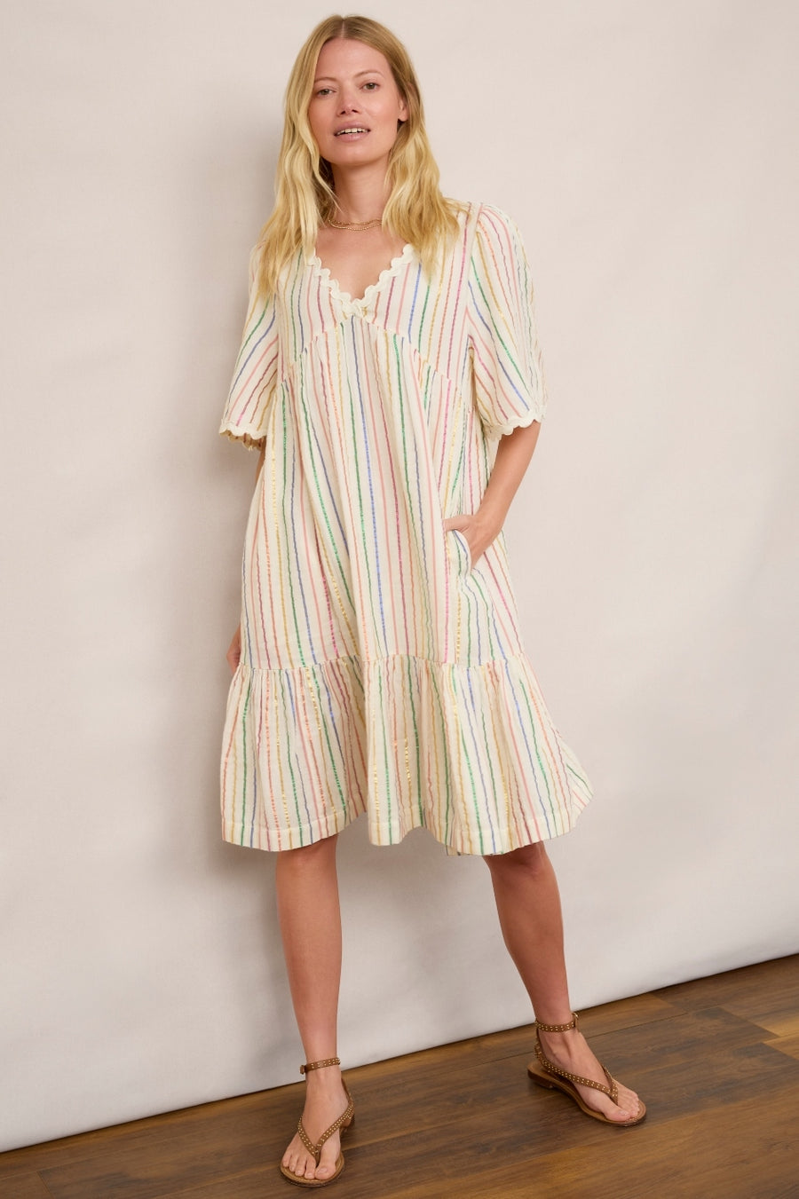 Elise Stripe Shimmer Dress - Ecru/Multi