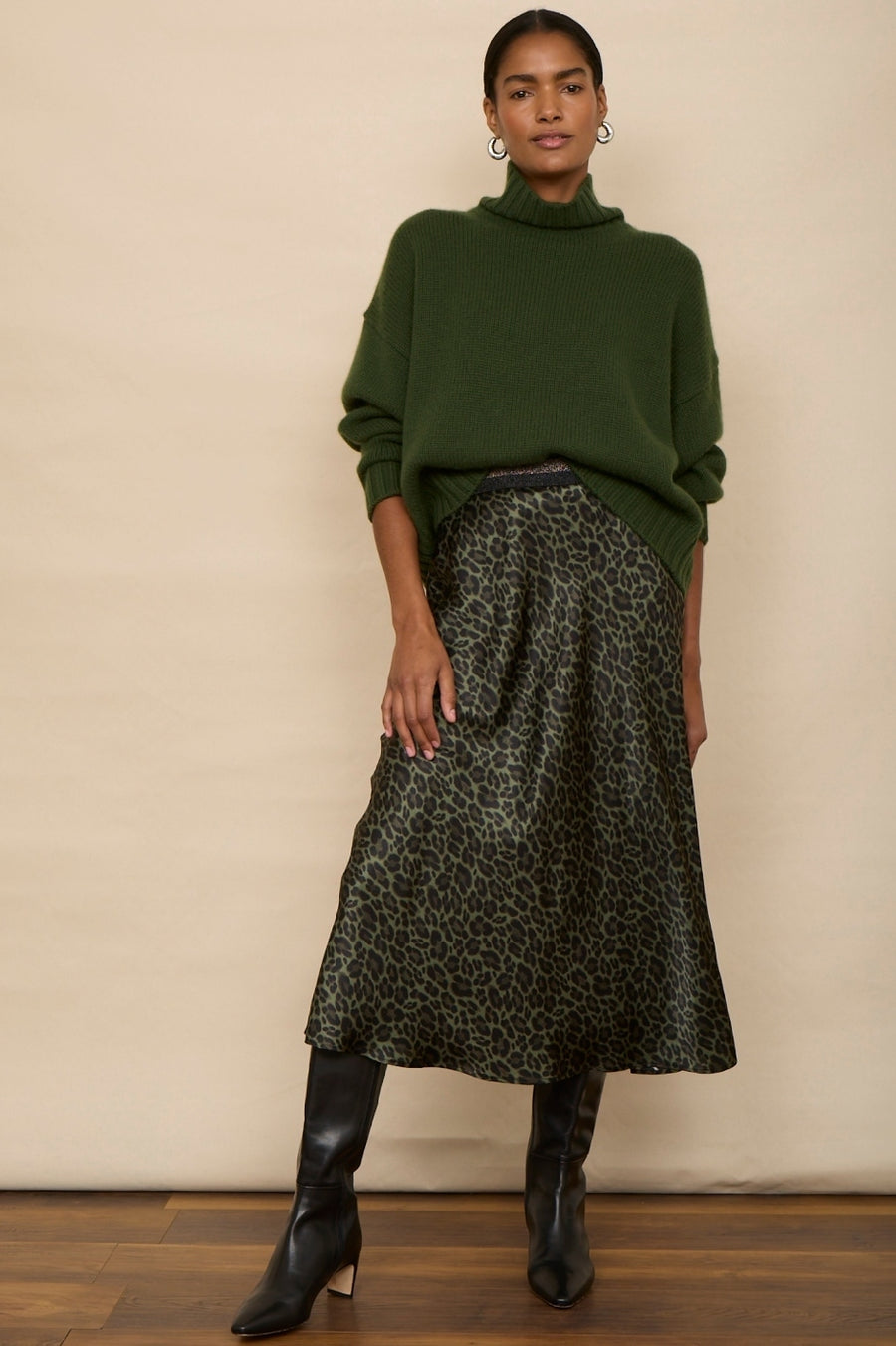 Ella Silk Skirt - Khaki Leopard