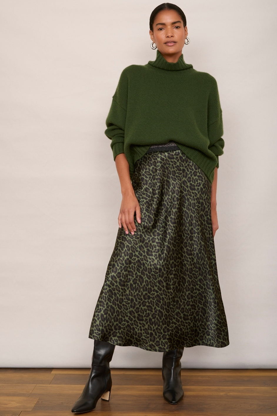 Ella Silk Skirt - Khaki Leopard