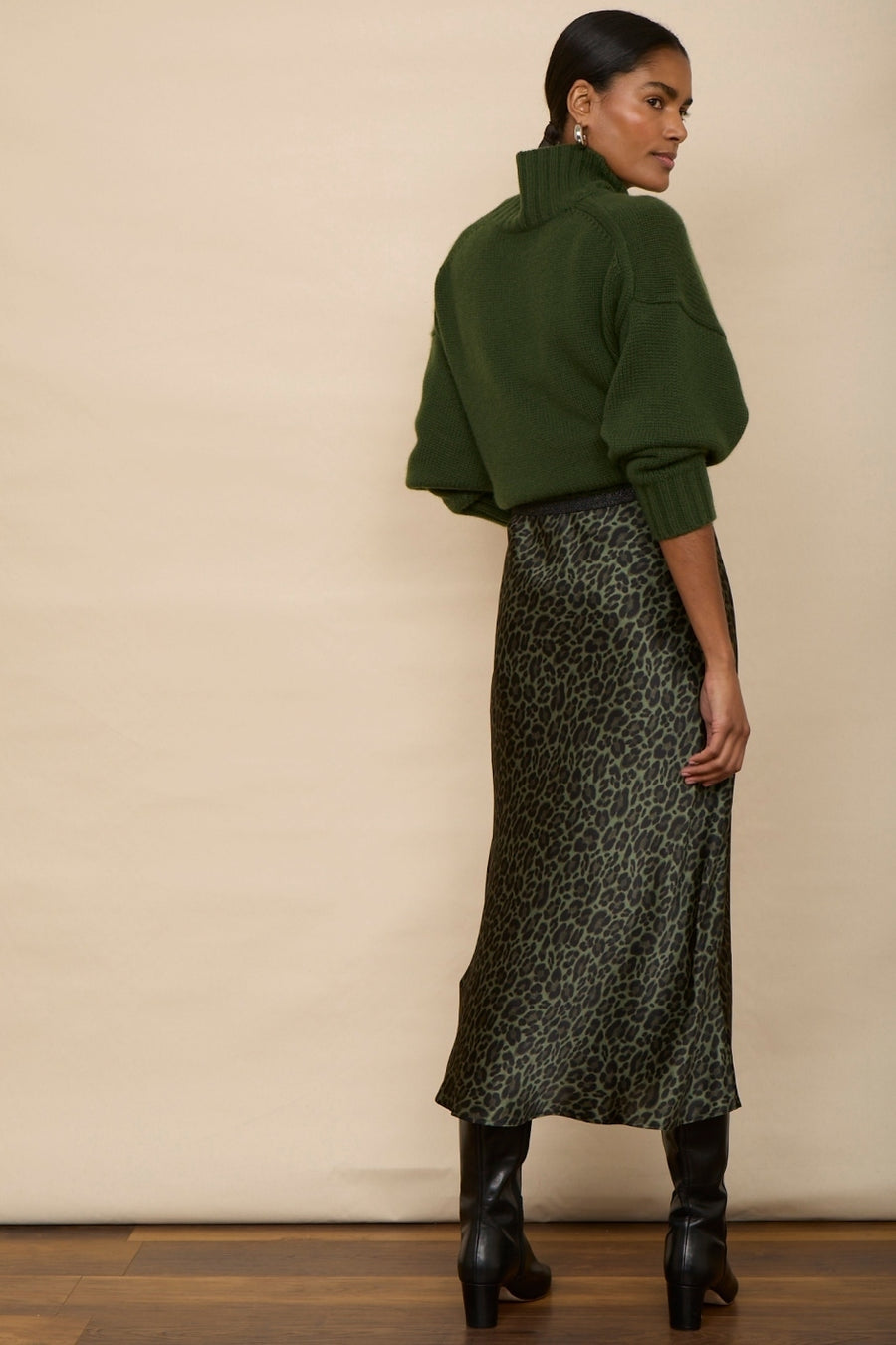 Ella Silk Skirt - Khaki Leopard