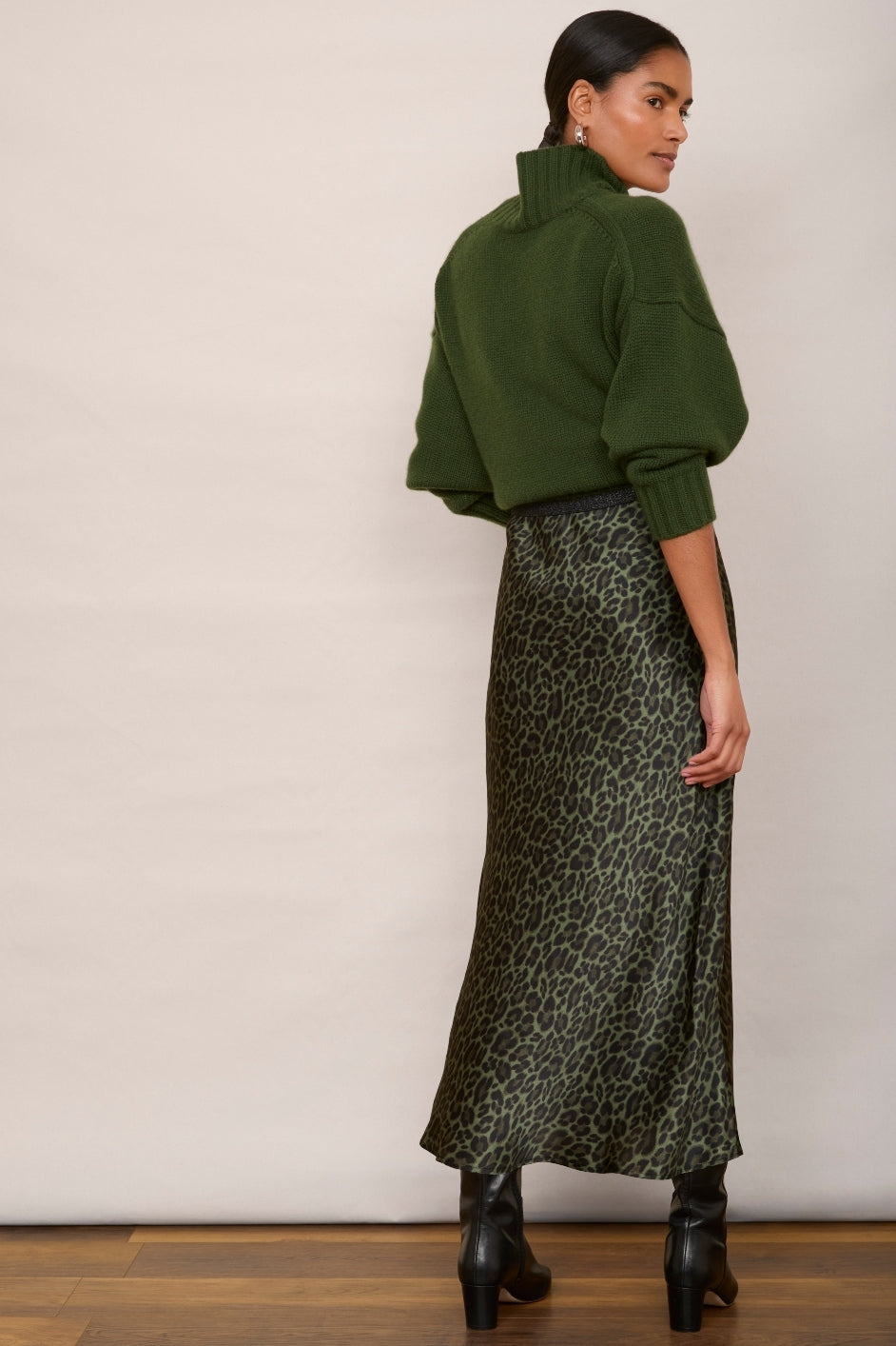 Ella Silk Skirt - Khaki Leopard