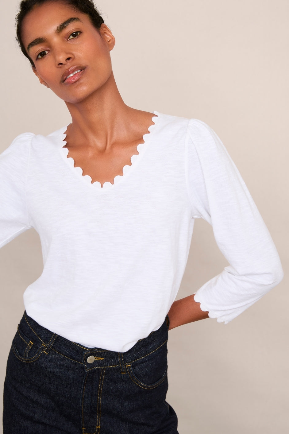 Elyna Ric Rac 3/4 Sleeve Tee - Ivory