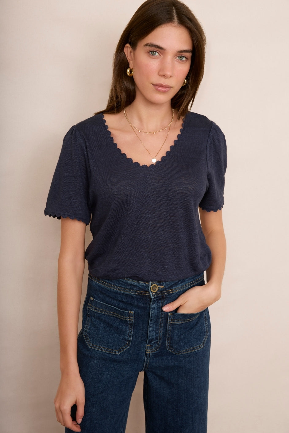 Elyna Ric Rac Linen Tee - Midnight