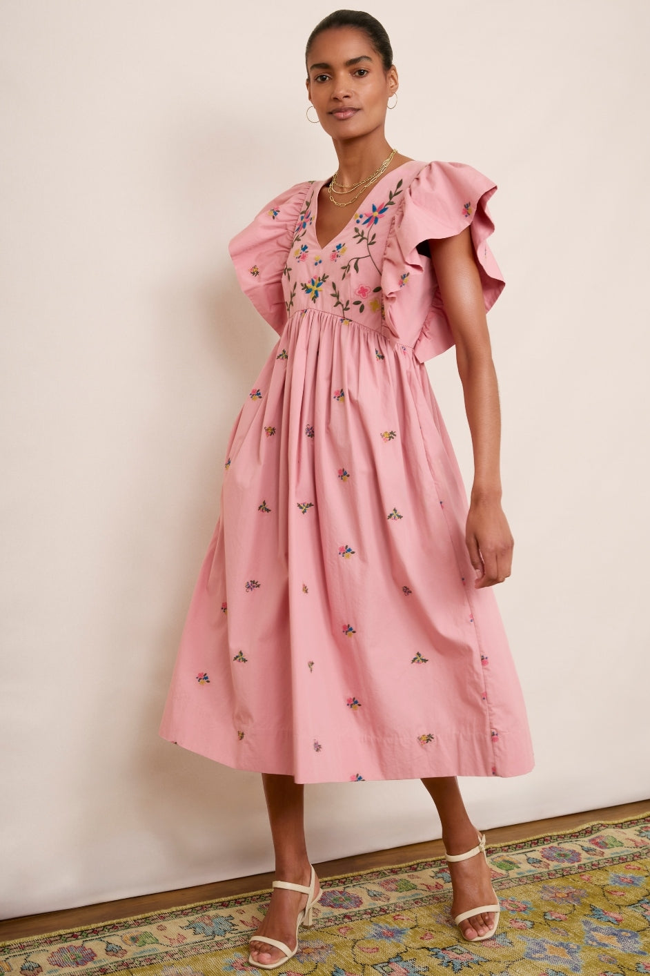 Emmeline Dress - Pink Embroidered