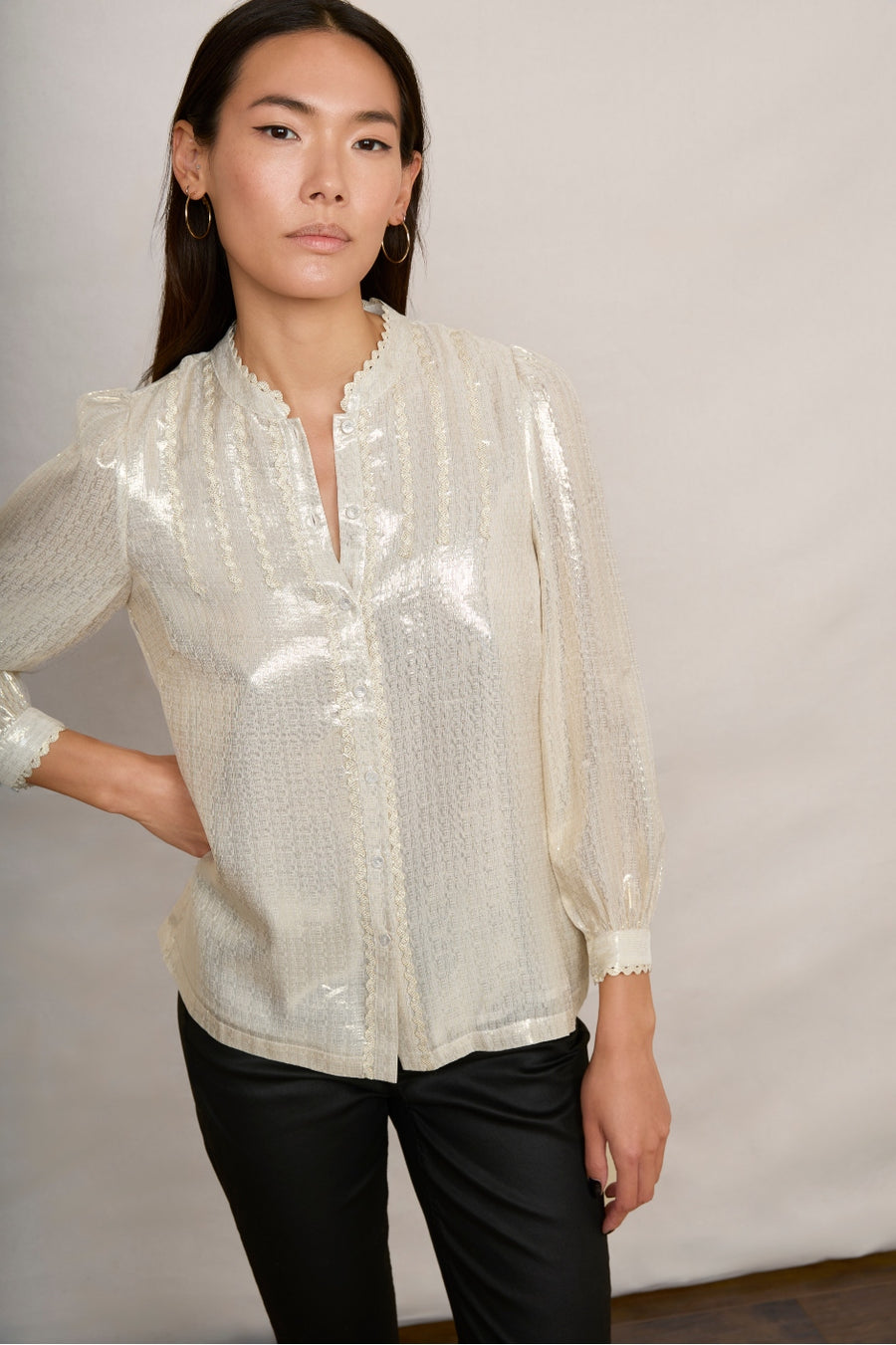 Erin Ric Rac Silk Blend Lame Blouse - Gold