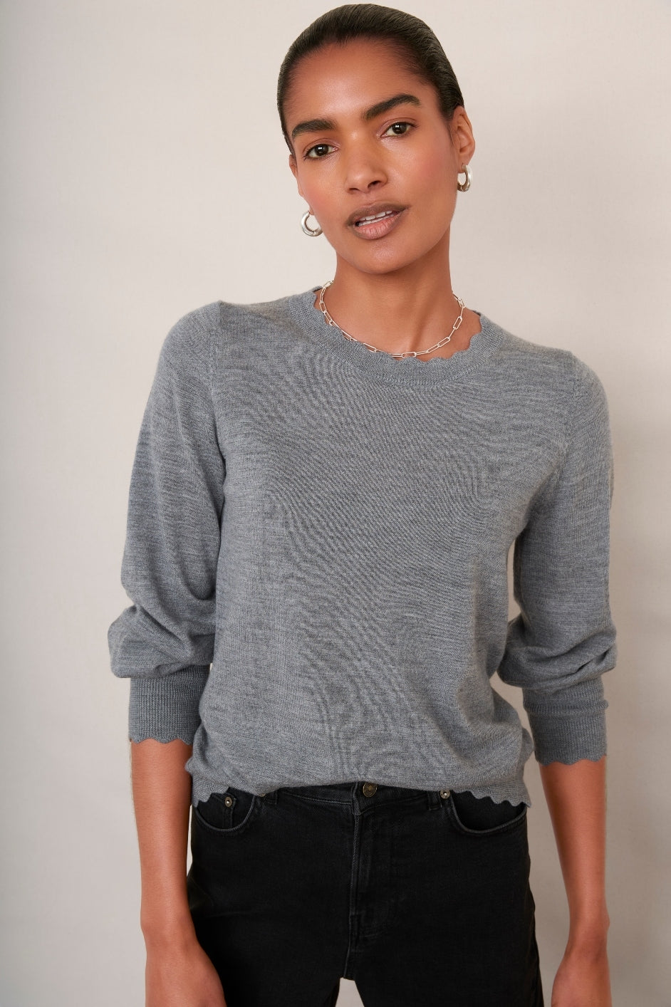 Fleurine Scallop Jumper - Mid Grey Marl