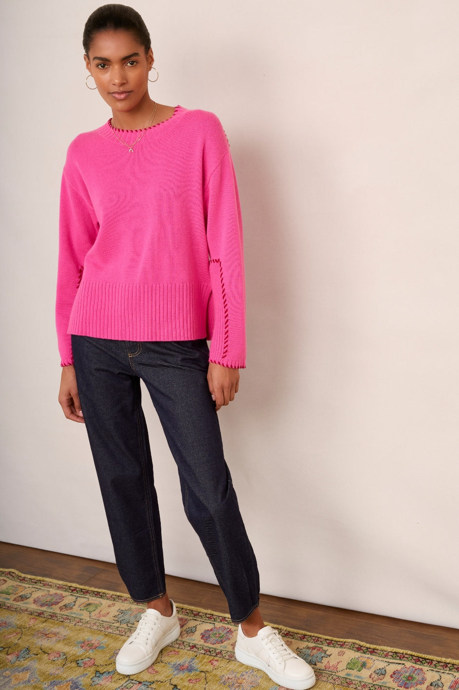 Faye Blanket Stitch Jumper - Pink/Red