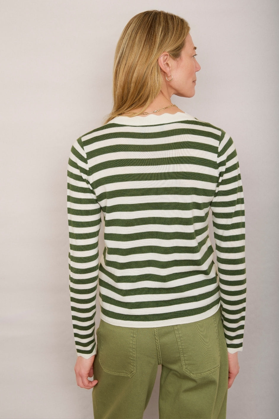 Fleurine Button Neck Jumper - Ecru/Moss Green Stripe