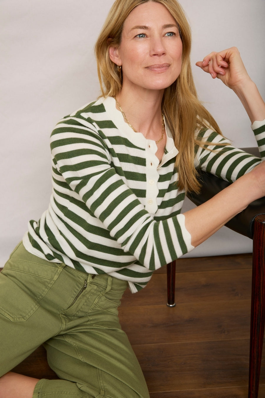 Fleurine Button Neck Jumper - Ecru/Moss Green Stripe