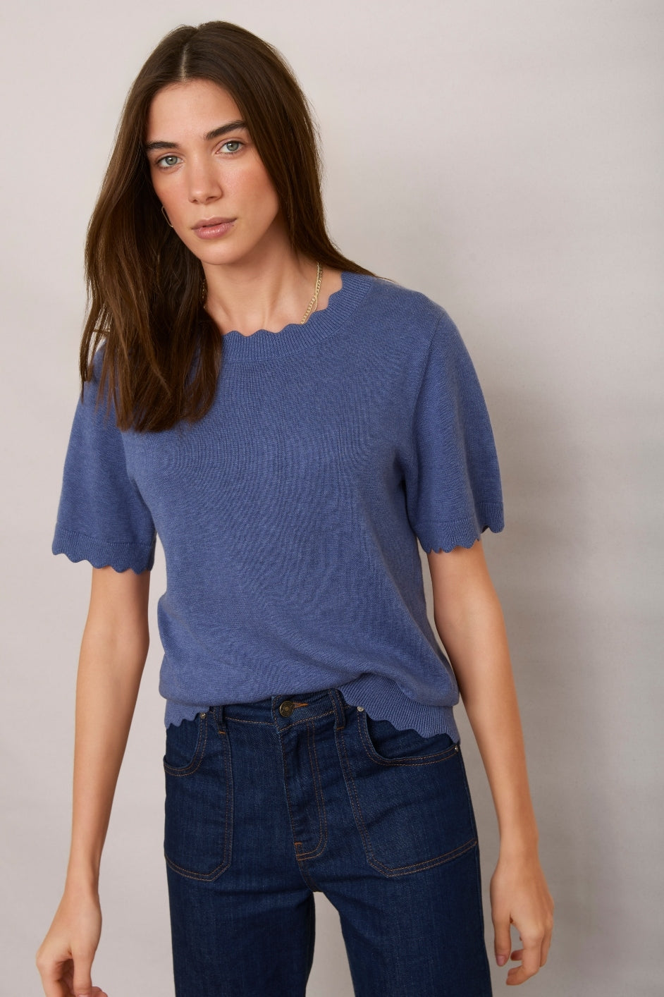 Fleurine Linen Cotton Knit Top - Denim Blue