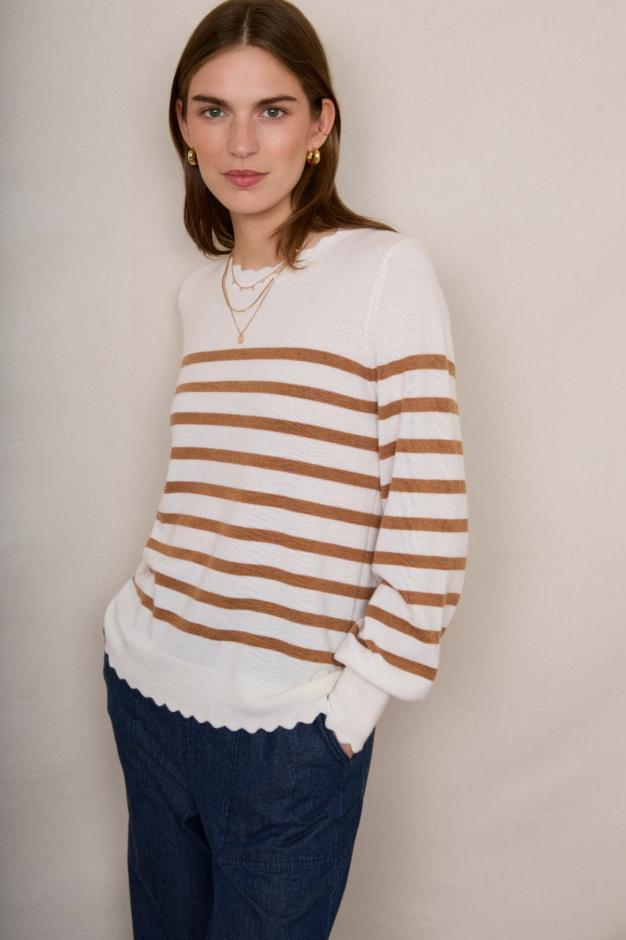 Fleurine Scallop Jumper - Ivory/Caramel Stripe