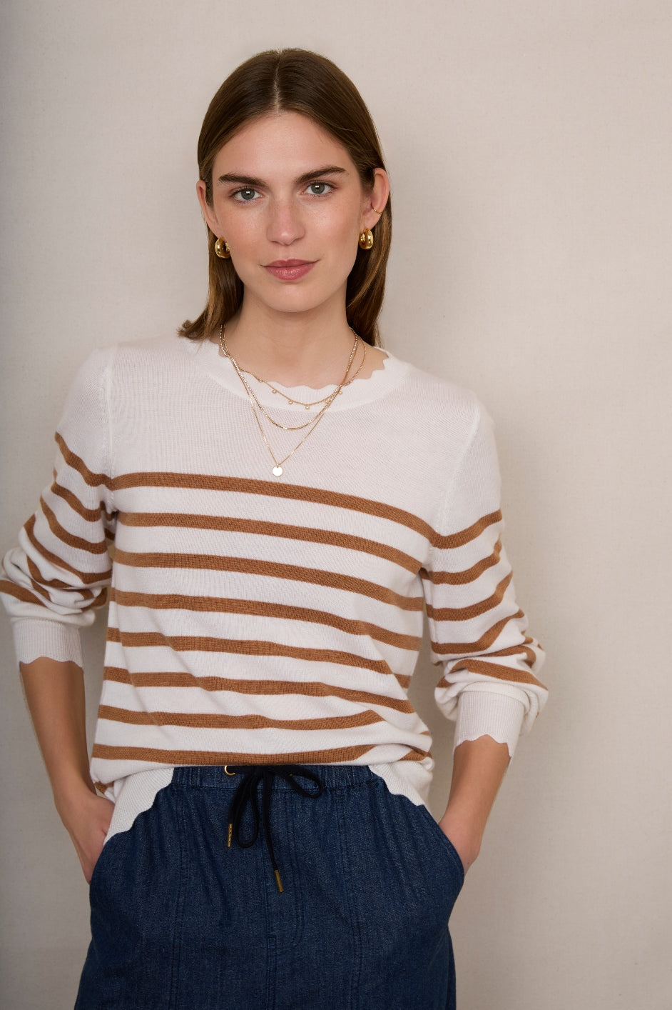 Fleurine Scallop Jumper - Ivory/Caramel Stripe