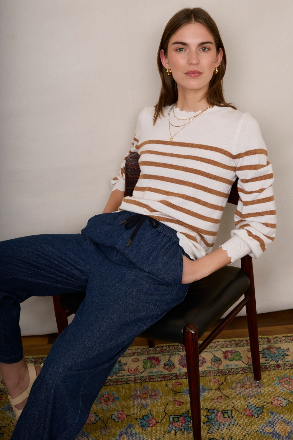 Fleurine Scallop Jumper - Ivory/Caramel Stripe